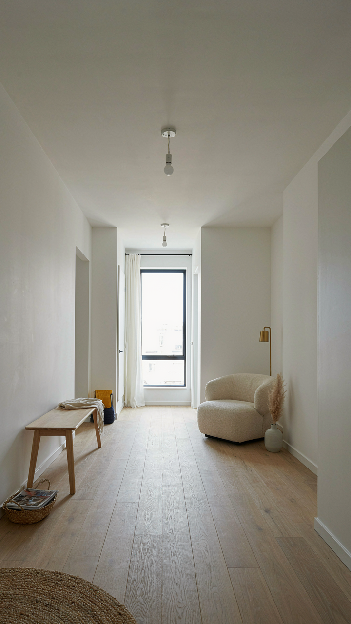 A clear, uncluttered path through a minimalist scandinavian farmhouse interior.