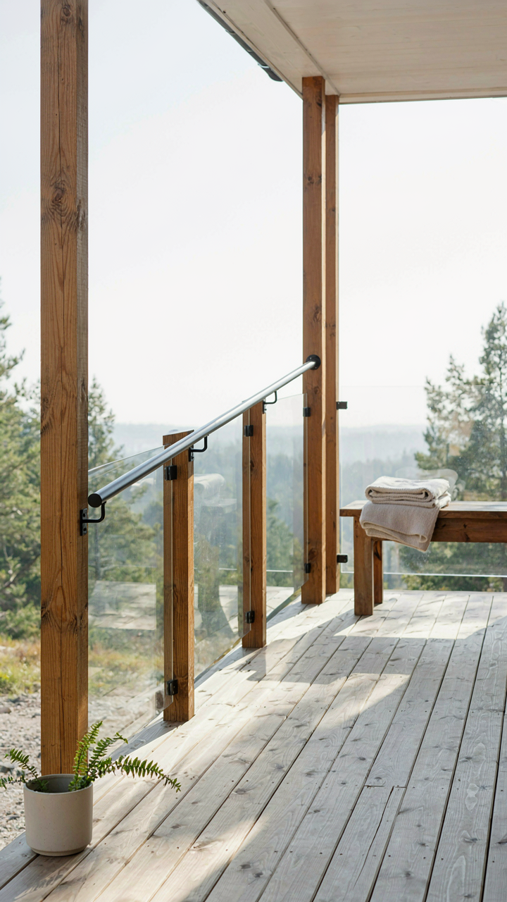 Clean black metal handrail with honest joinery on weathered wood posts.
