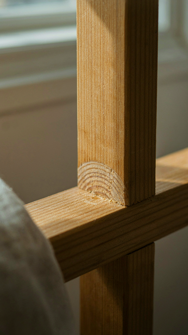 A close-up of a durable, solid spruce wood joint in a scandinavian tiny house.