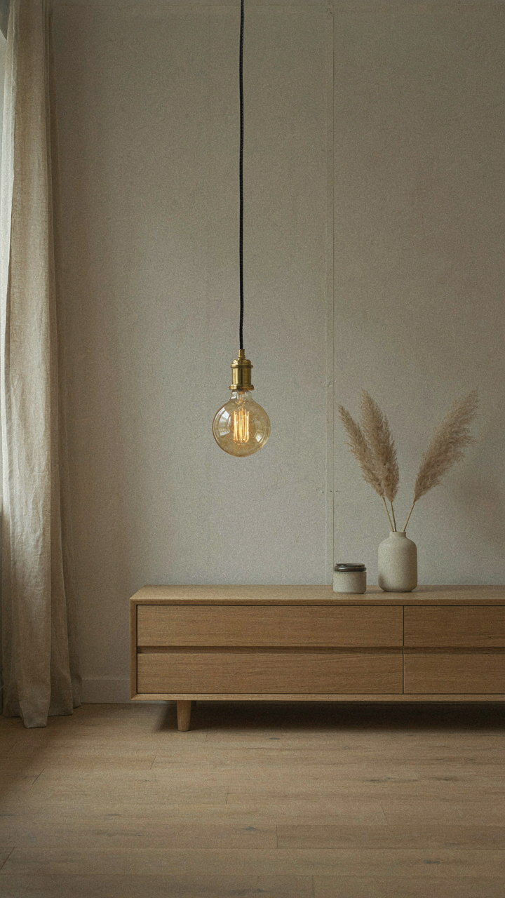 A warm light bulb at eye level mimics natural window light in a bungalow.