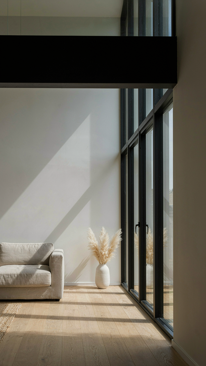 A deep overhang shades a large window on a modern Scandinavian house.