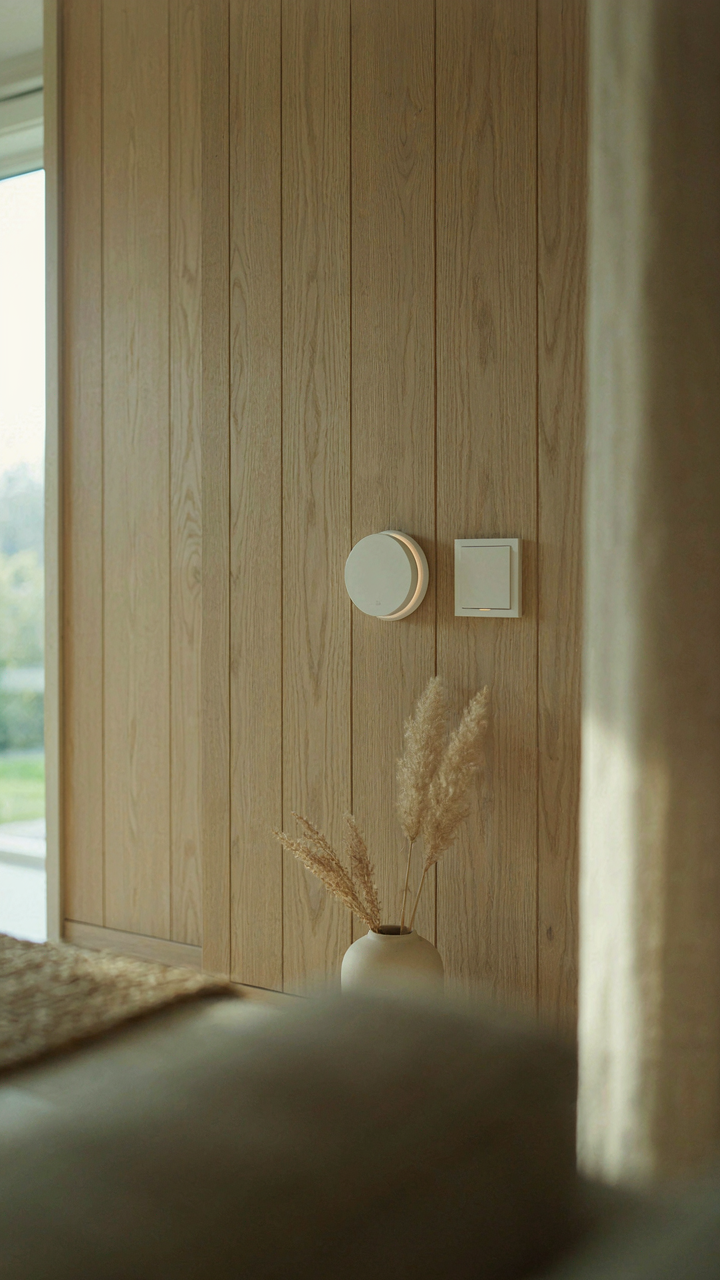 A subtly integrated smart thermostat and dimmer switch on a wall.