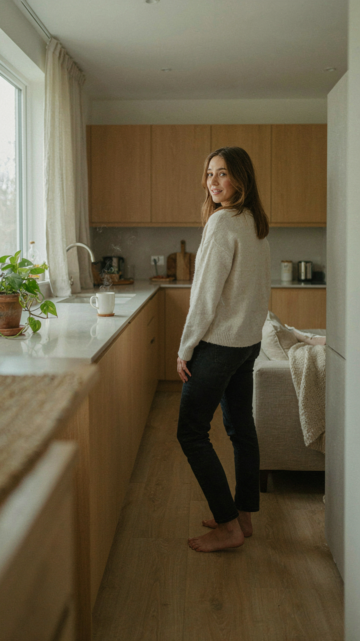 A person in a living room sees a forgotten coffee cup on the kitchen counter.