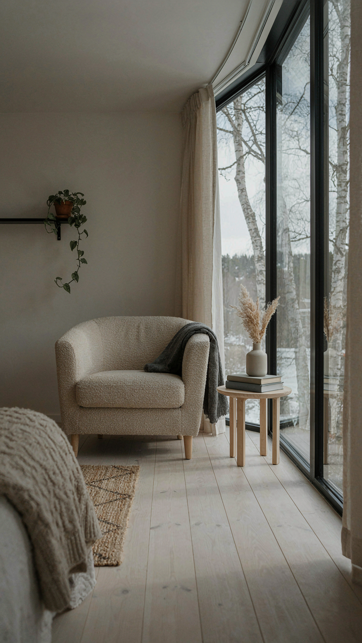 A calm, uncluttered scandinavian tiny house living room with a single armchair.