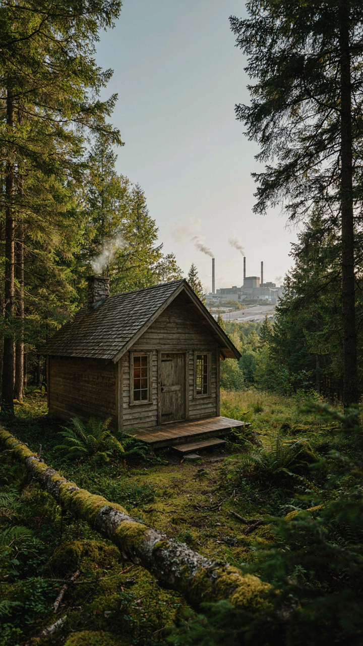 A small cabin in a forest with distant industrial facilities, showing environmental cost.