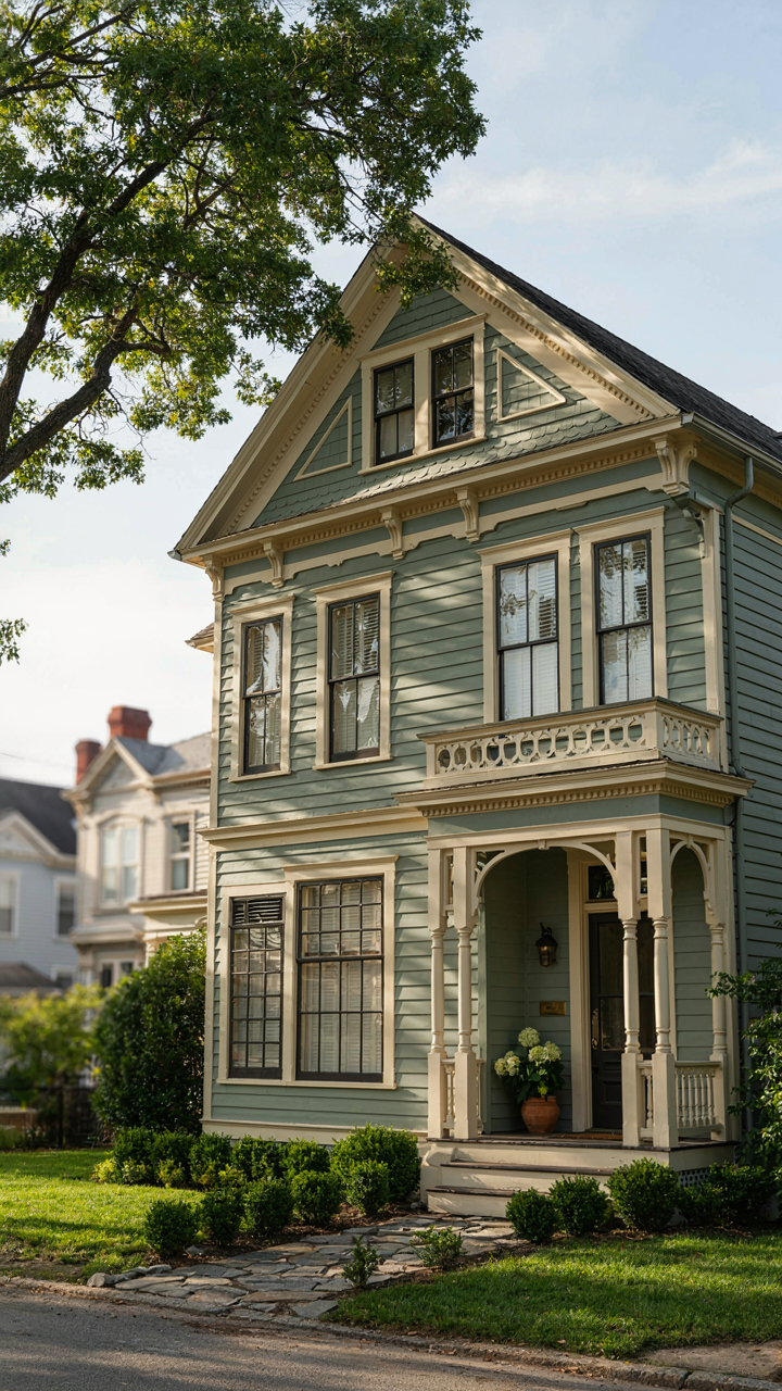 A Victorian house with a modern sage green body and cream trim.