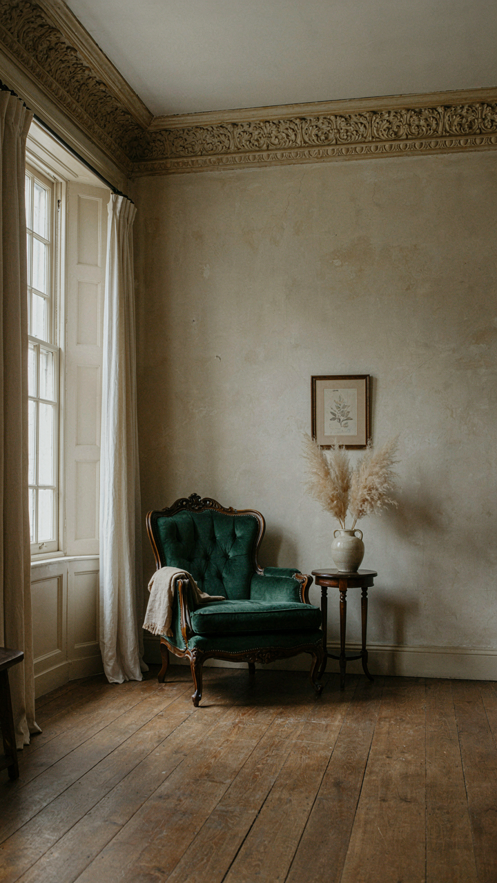 An elegant room with Victorian crown molding and an ornate armchair.