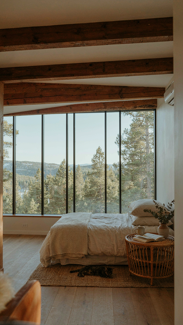 A thoughtfully designed cabin loft with exposed beams and a scenic view.