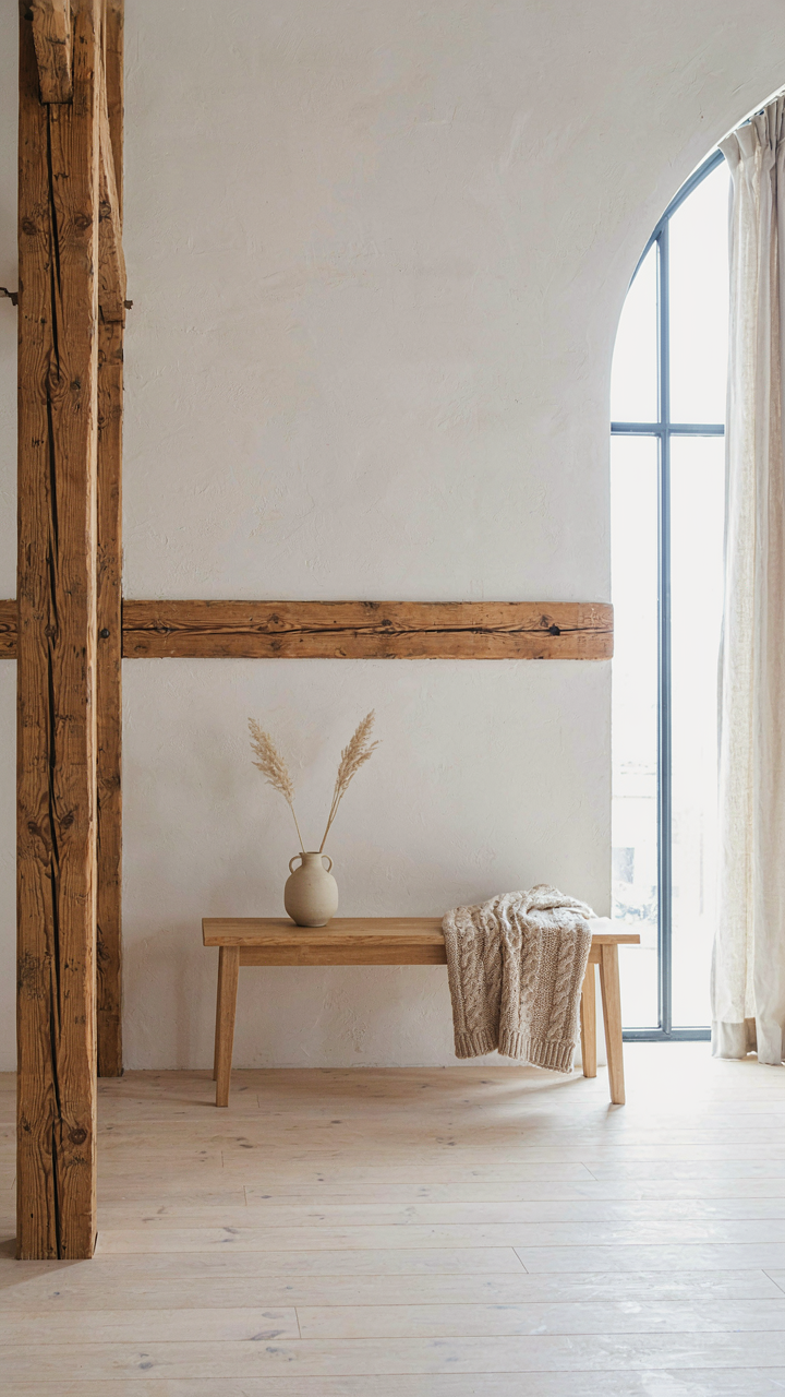 Rough-sawn timber post and beam frame against a crisp white wall.