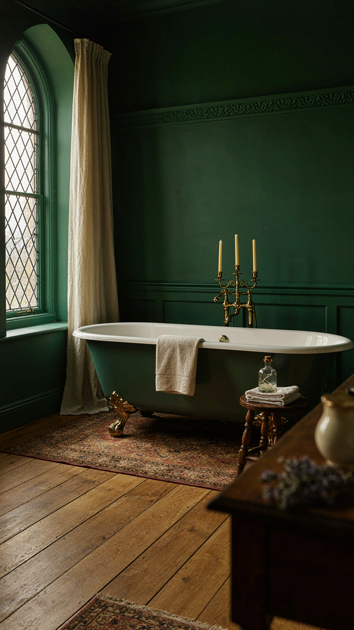 A moody victorian bathroom painted in deep forest green with soft window light.