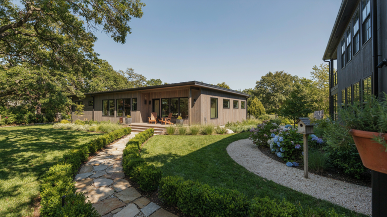 A modern mother in law cottage in a green backyard, separate from the main house.