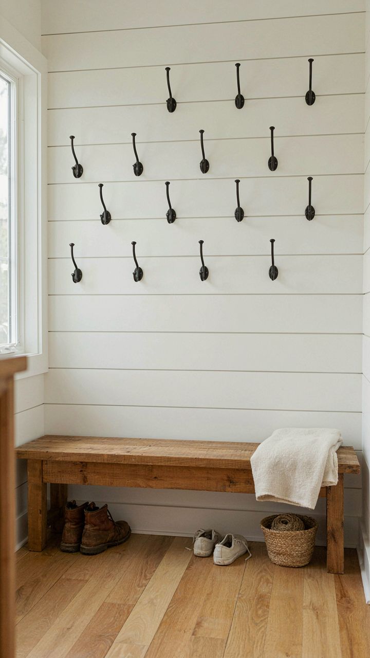 A farmhouse mudroom wall with twelve empty metal hooks and a bench.