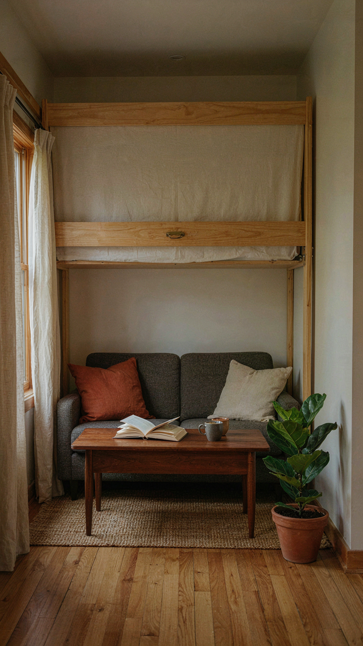 A sleek murphy bed folded into a wall in a tiny cabin, revealing a sofa.