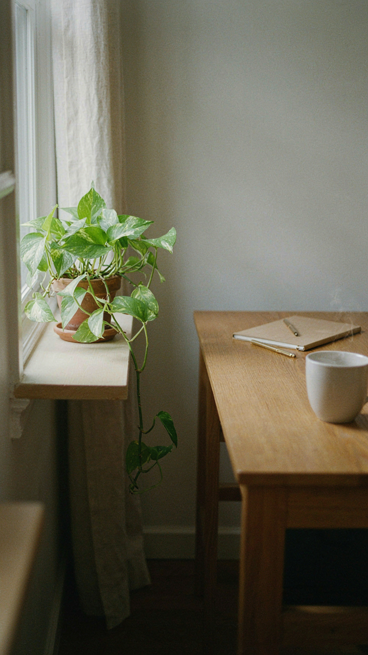 A green pothos plant on a shelf near a desk and window.