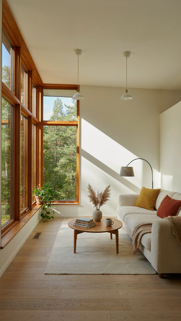 A large window in a Scandinavian cabin living room with deep sills.