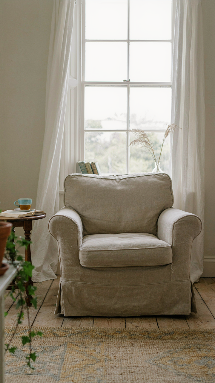 A faded linen slipcover on an armchair shows the effects of sun exposure.