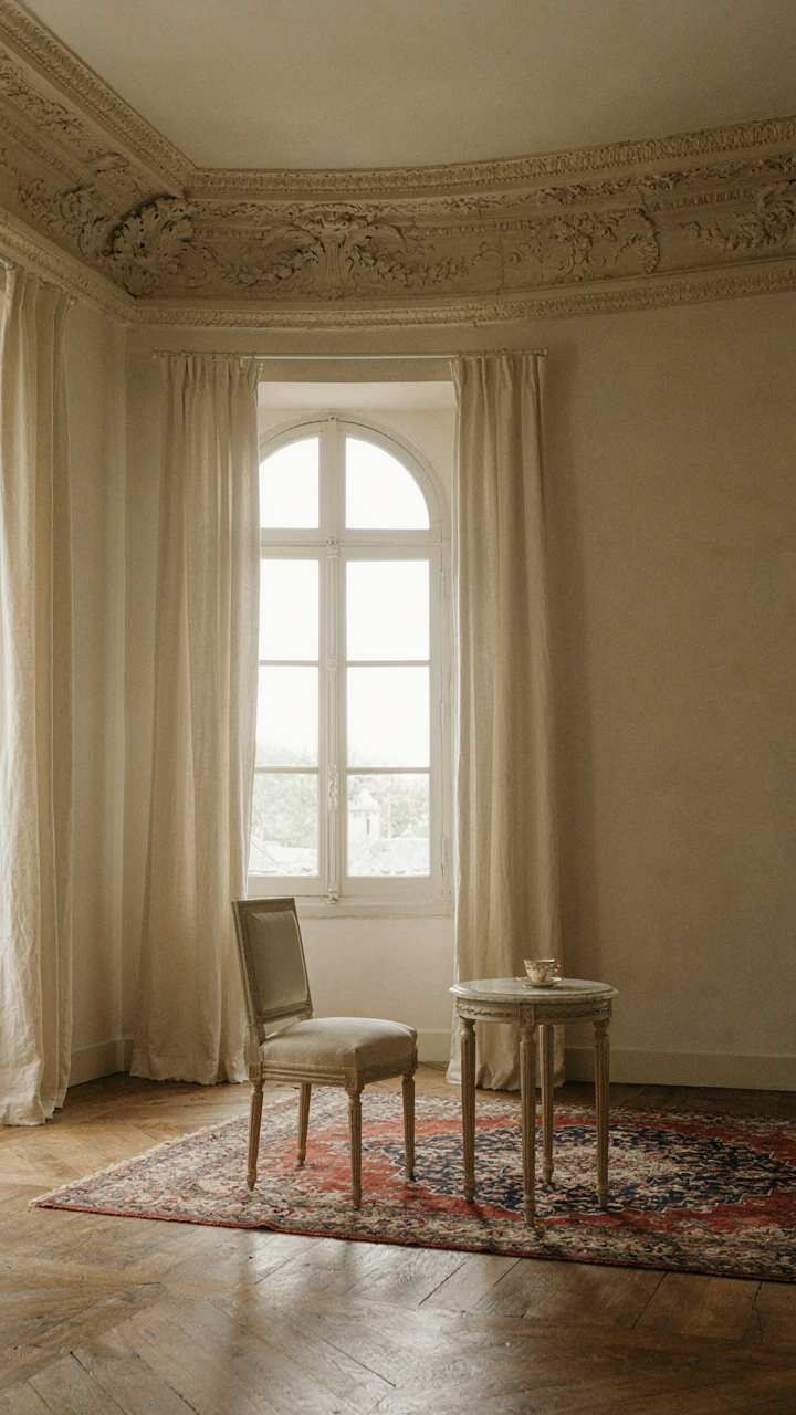 A neoclassical chair with simple lines in a grand French living room.