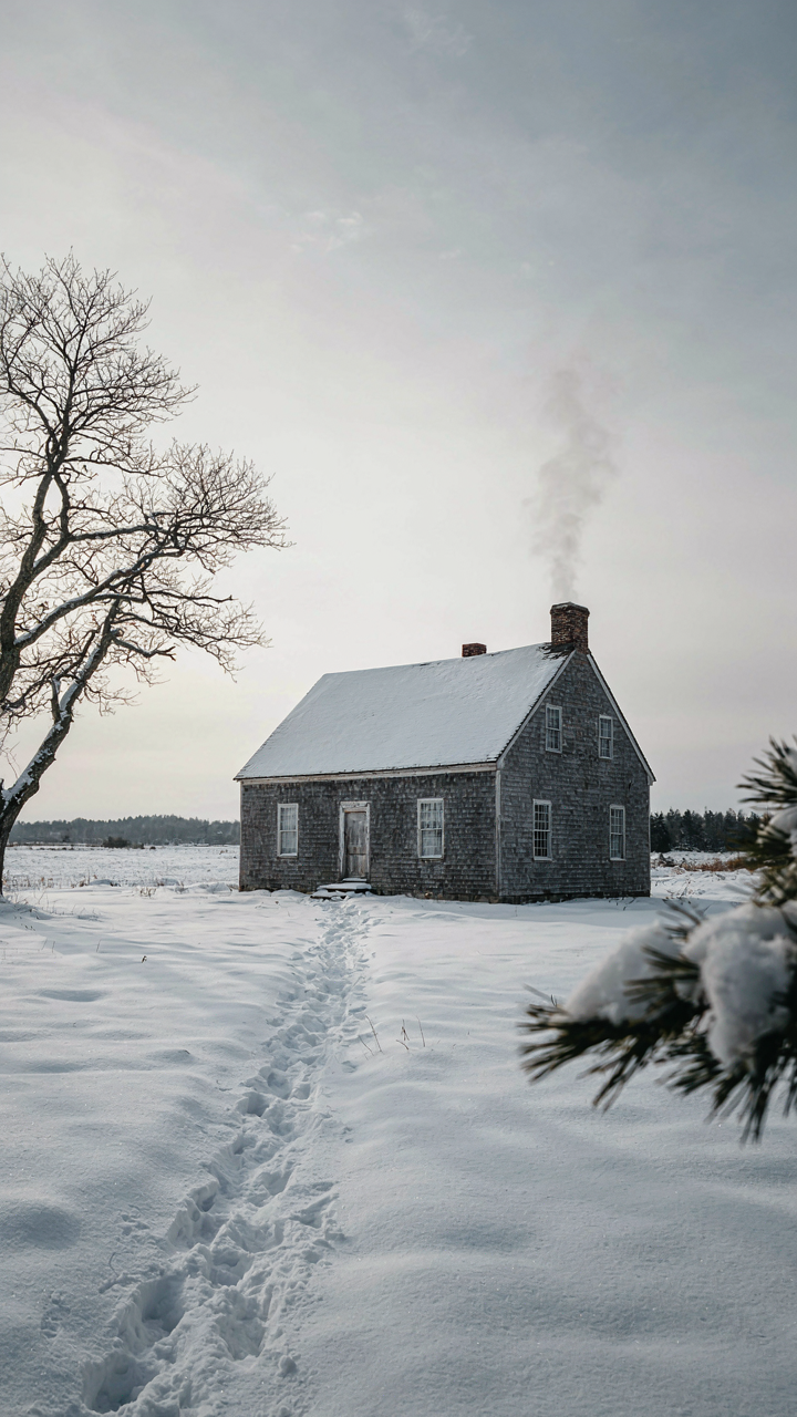 A compact 18th century farmhouse stands with small windows in a snowy winter landscape.