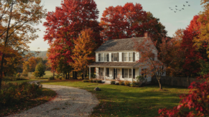 A classic white new england farmhouse with clapboard siding sits among colorful autumn trees.