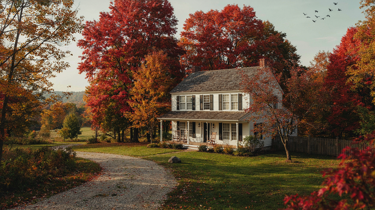A classic white new england farmhouse with clapboard siding sits among colorful autumn trees.