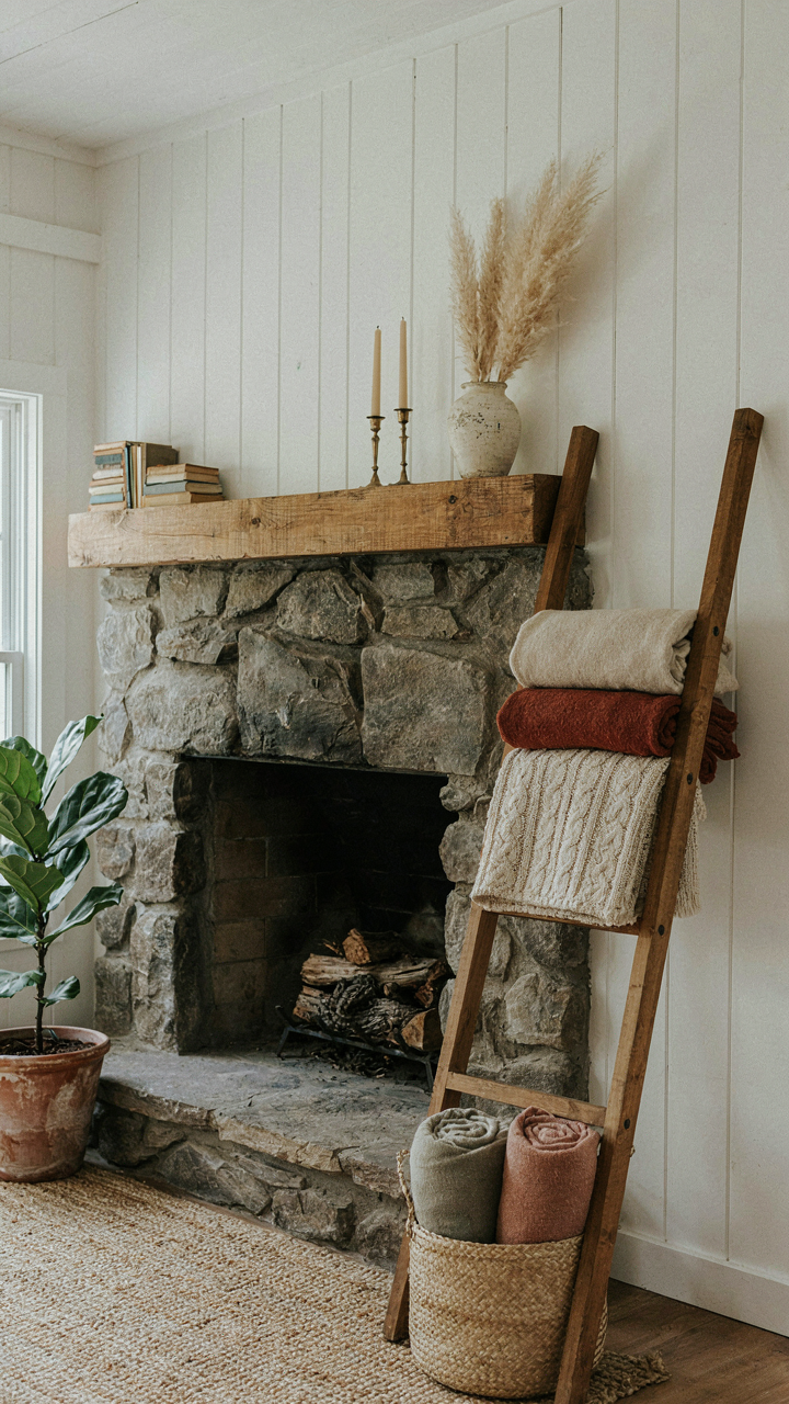 A wooden ladder with blankets beside a fireplace, balanced by a large potted plant.