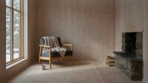 A minimalist nordic cabin interior with a simple fireplace and light wood.