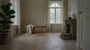 Cozy nordic cottage interior with bright natural light through large windows.