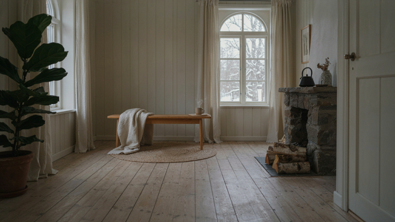 Cozy nordic cottage interior with bright natural light through large windows.