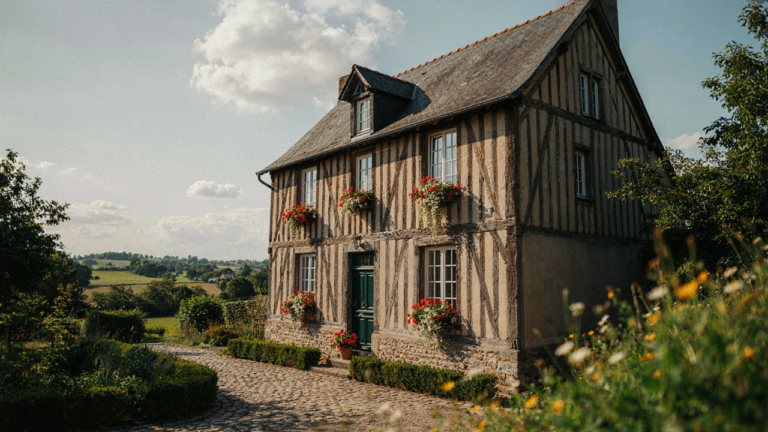 A beautiful Normandy style house with half-timber walls and a steep roof, surrounded by green