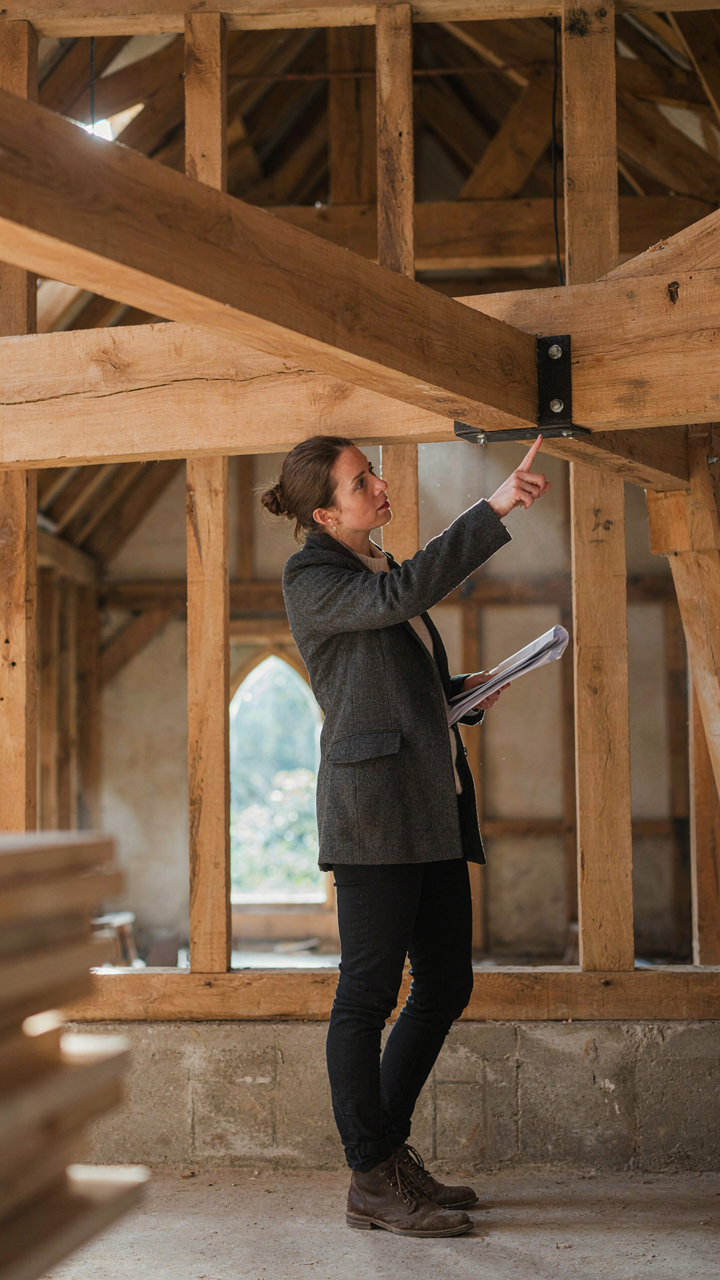 An engineer inspects a newly reinforced timber beam and foundation in a barn.