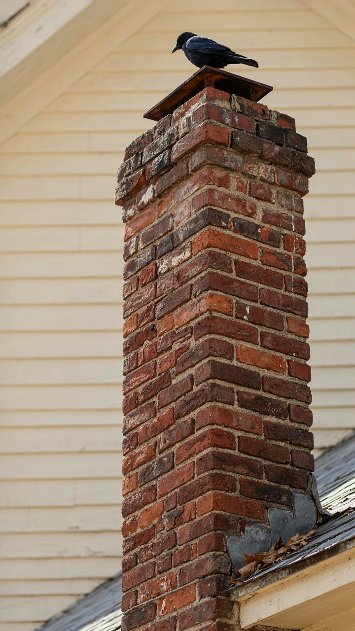 A close-up of a thick brick chimney on an old farmhouse exterior.