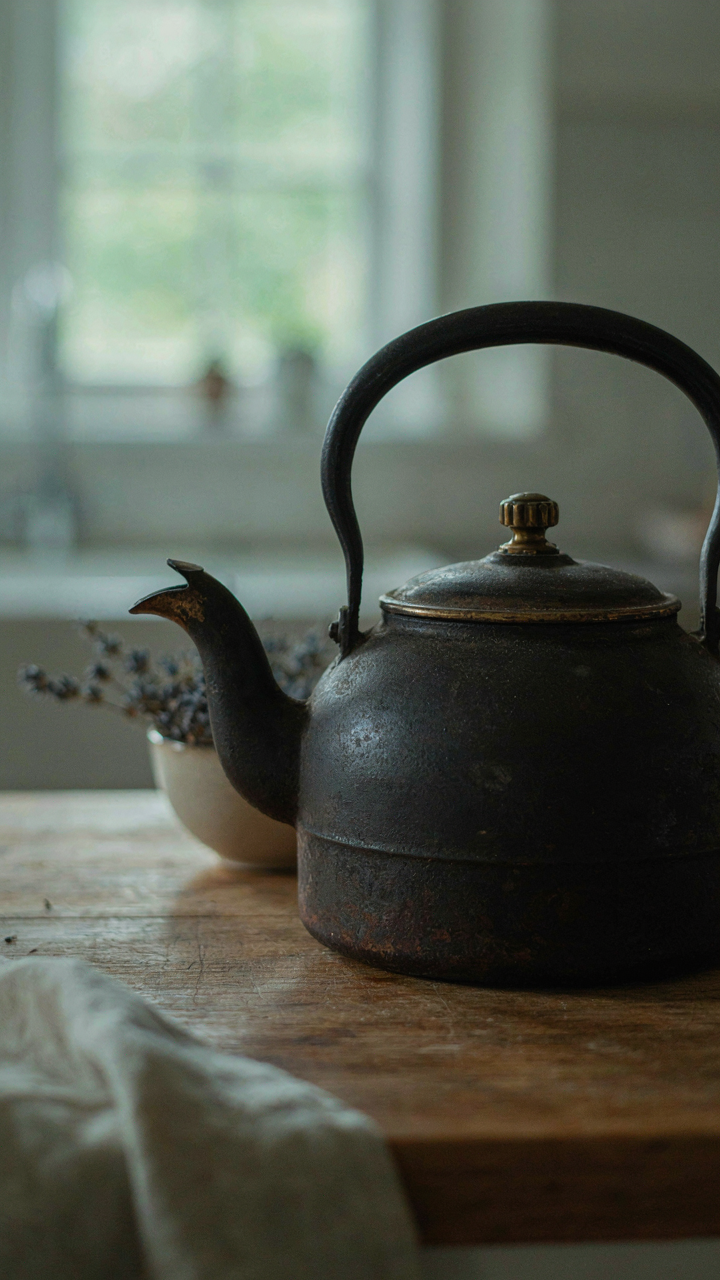 An old, well-used cast iron kettle on a rustic wooden countertop.