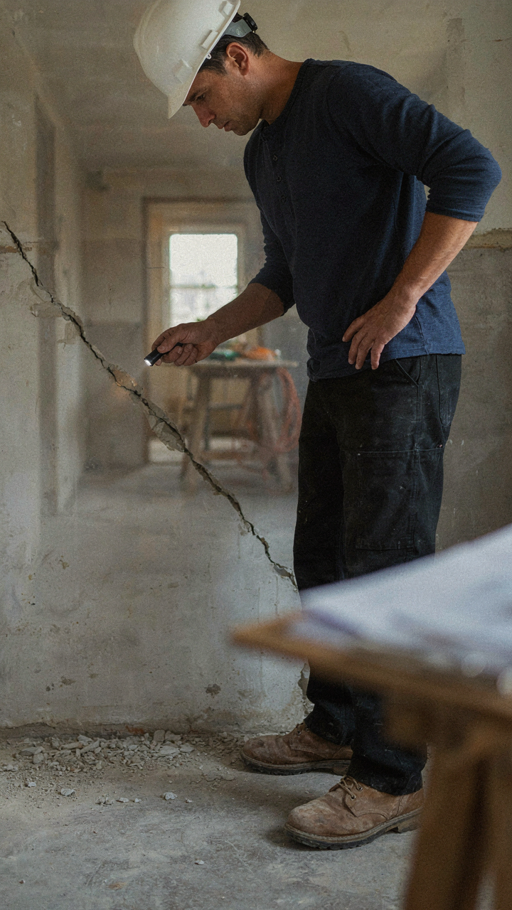 A structural engineer inspects a cracked farmhouse foundation.