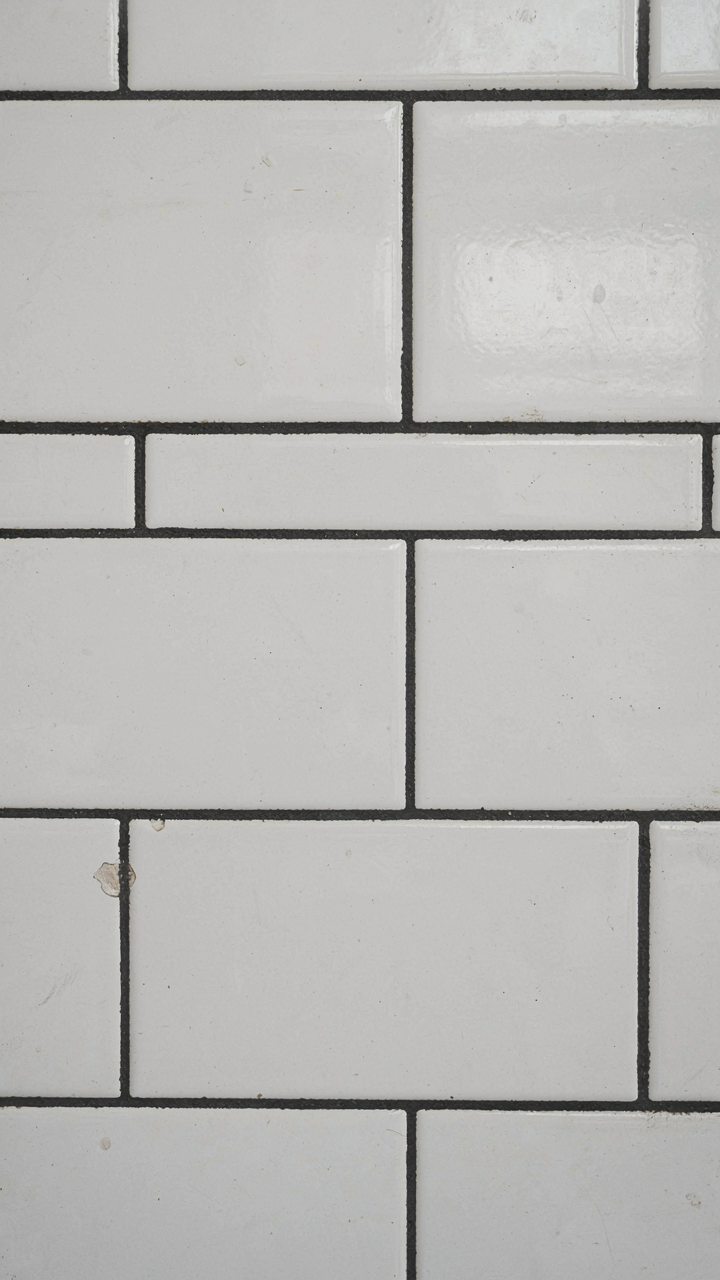 Close-up of white subway tiles on a wall with noticeably thick, dark grout lines.