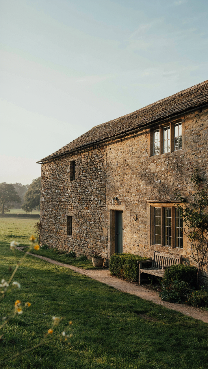 A traditional one story cottage plan uses thick stone walls on its north side.