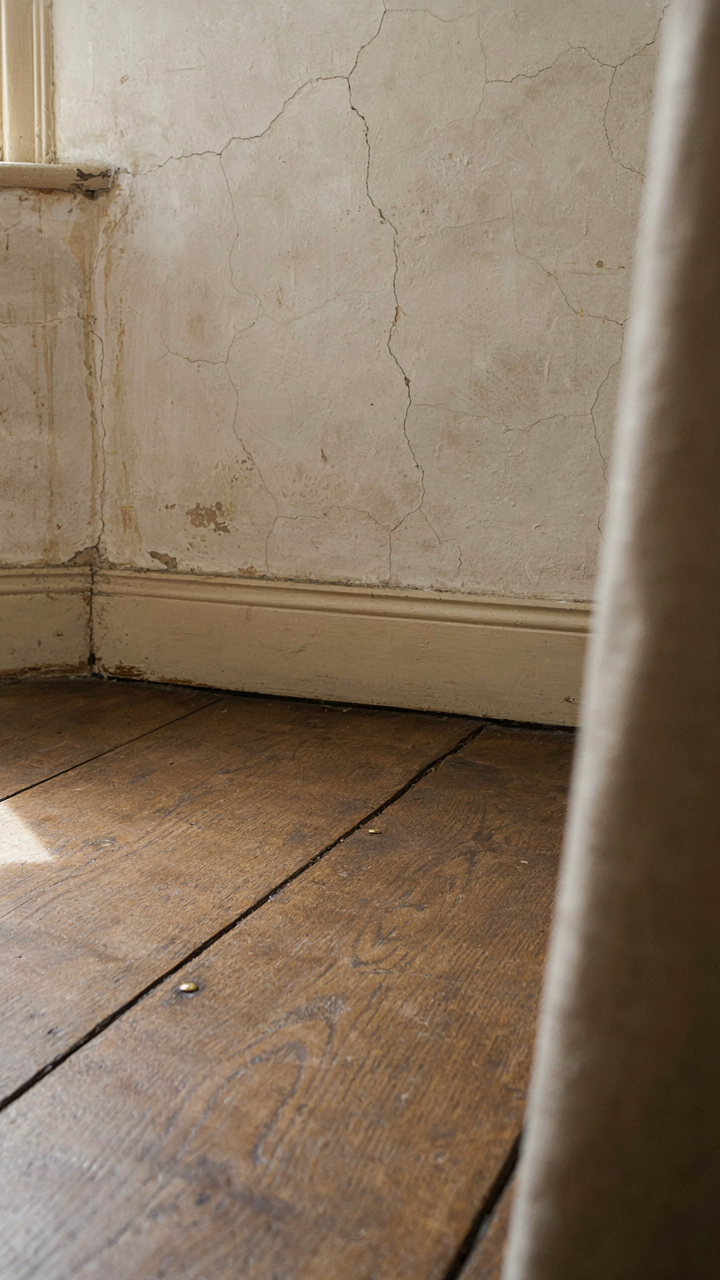 A warped wooden floorboard and cracked plaster wall in an old house.
