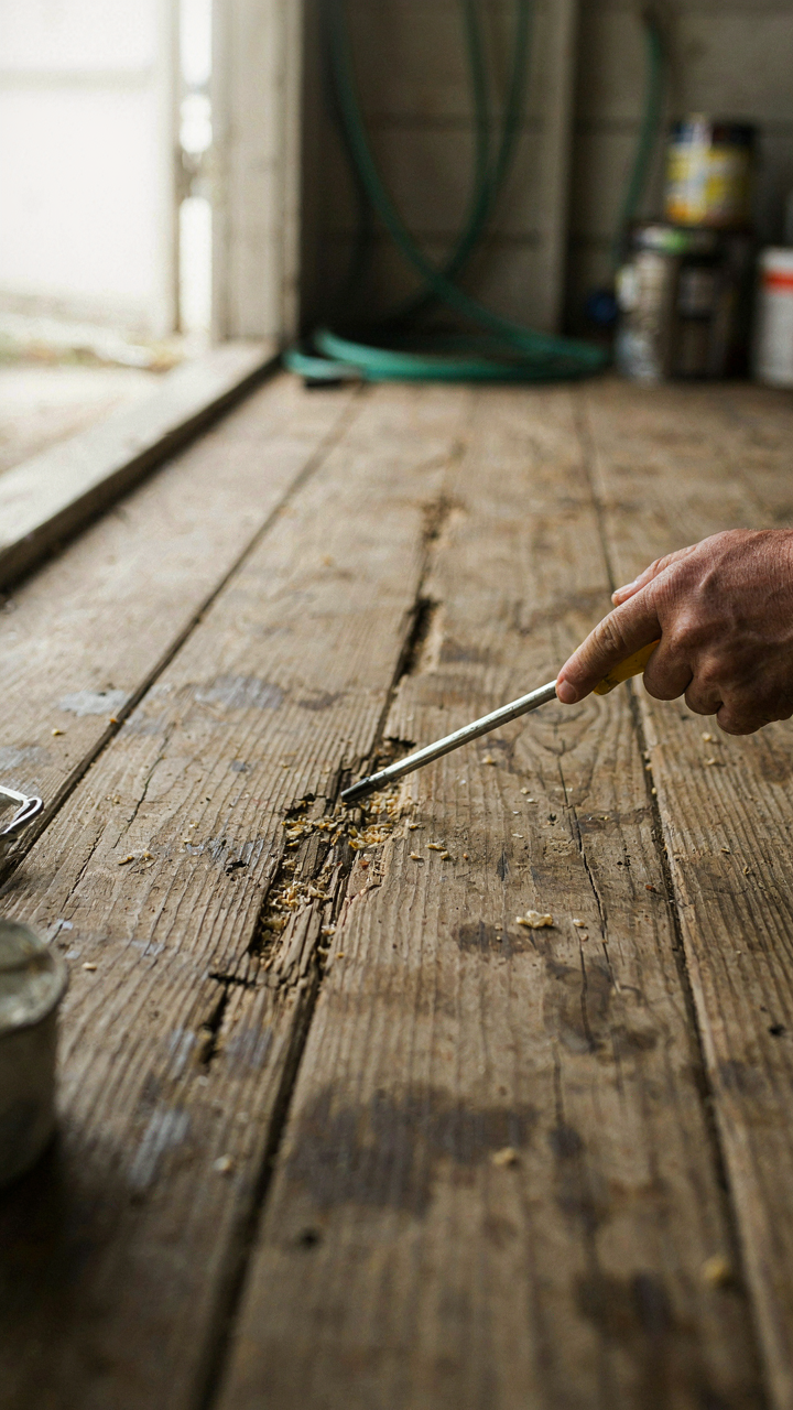 A hand presses a screwdriver into a soft, rotting wooden shed floor.