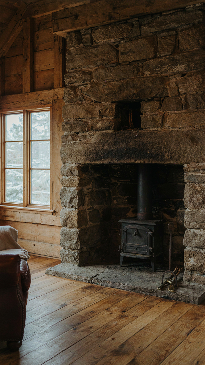 An ancient, sturdy stone fireplace in a historic cabin, showing permanence.