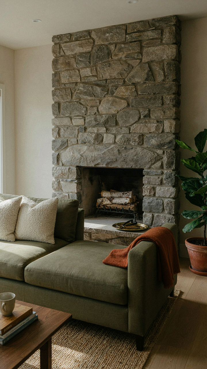 An olive green sofa in a modern rustic living room with a stone fireplace.