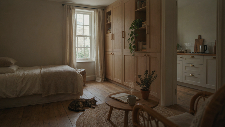 Cozy one bedroom cottage interior with smart built-in storage solutions and natural light.