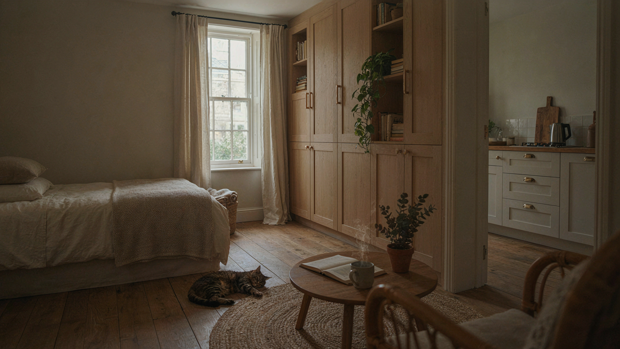 Cozy one bedroom cottage interior with smart built-in storage solutions and natural light.