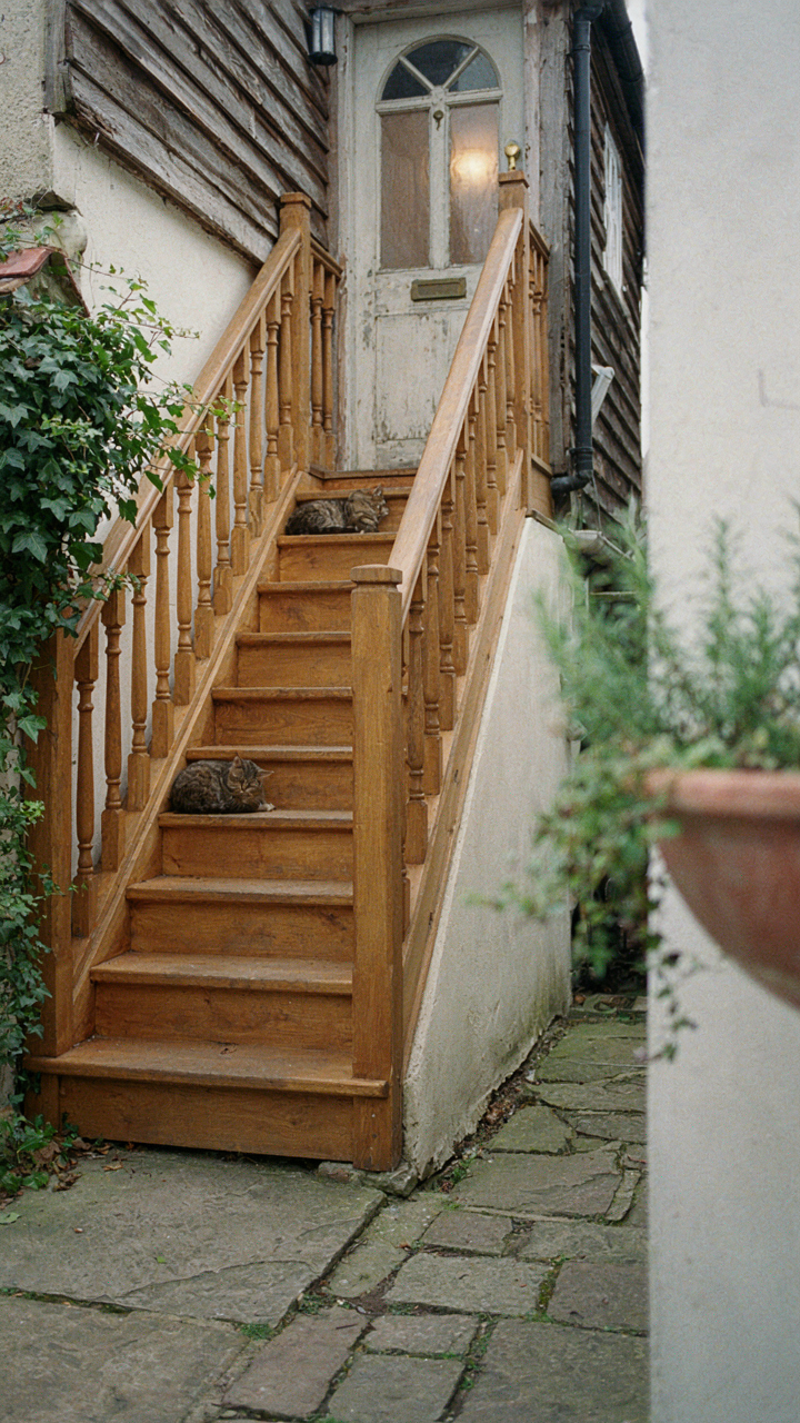 A sturdy wooden staircase with a secure guardrail ascends to a tiny cottage loft.