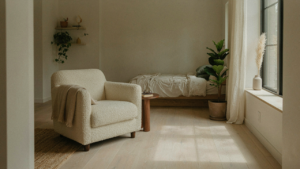 A bright, thoughtfully designed one bedroom small house living room with natural light.