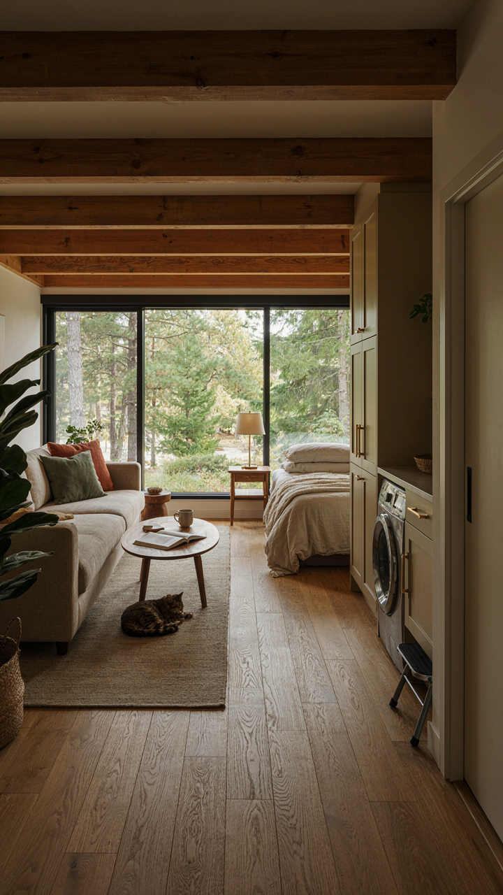A one-story small cabin plan showing efficient, compact living zones.