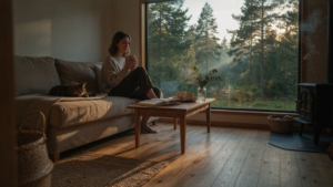 A person sips coffee in a sunlit one room cabin, surrounded by minimalist decor and nature.