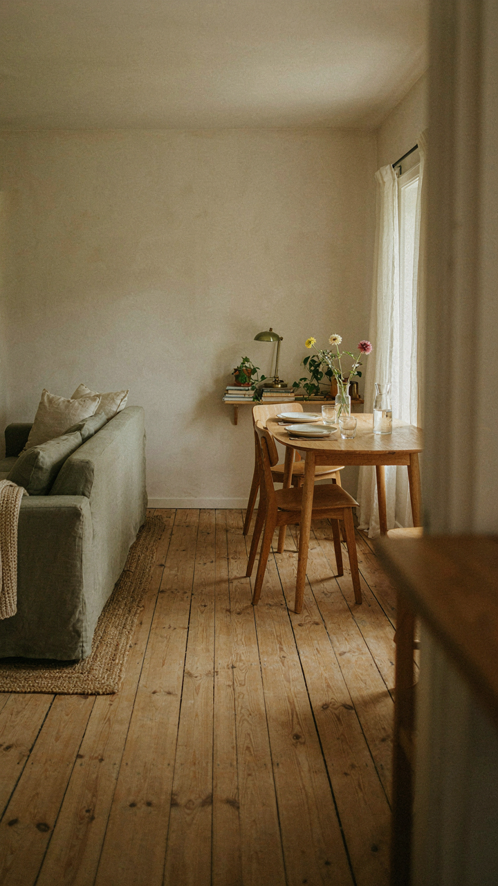 A cabin's single room is divided into zones by a sofa and a dining table.