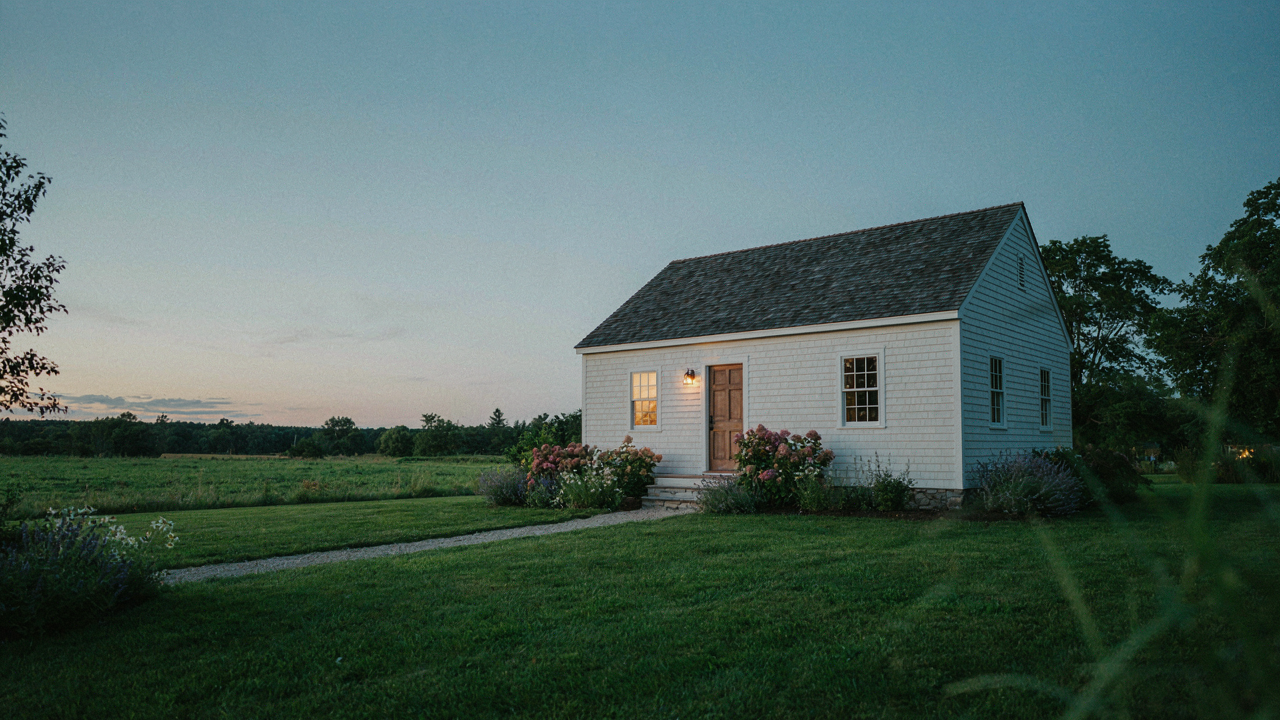 A charming one story cottage plan with a welcoming glow at sunrise.