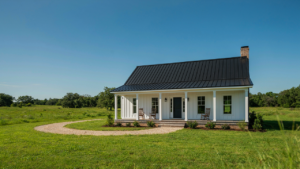 A beautiful new one story farmhouse stands in a field with a wide porch.