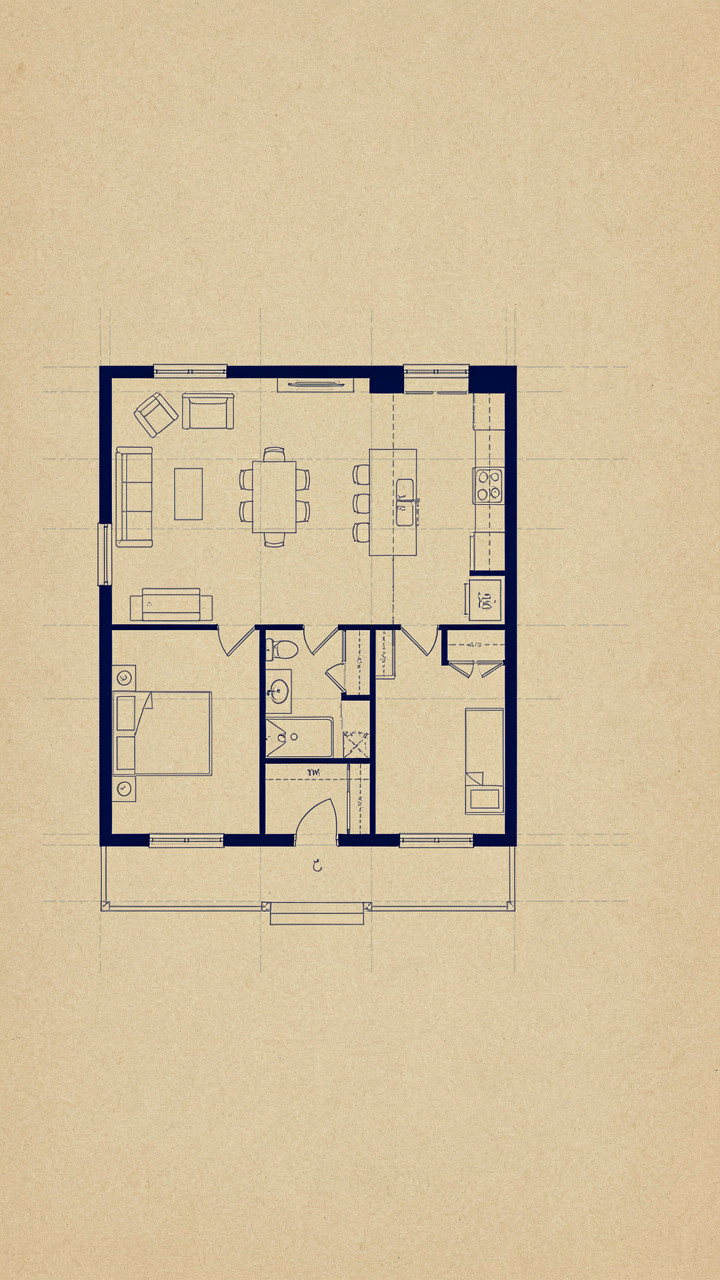 An architectural blueprint of a compact, efficient one story farmhouse plan.
