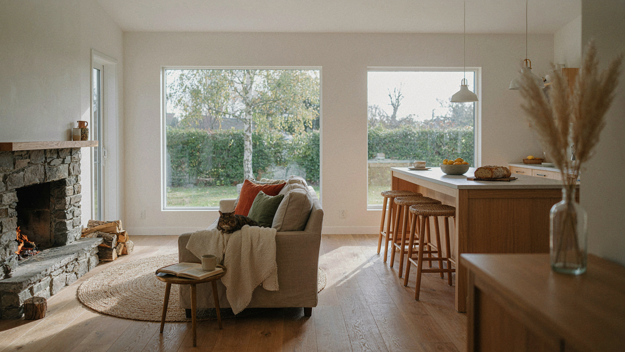 Bright open concept cottage interior with morning light and cozy furniture.